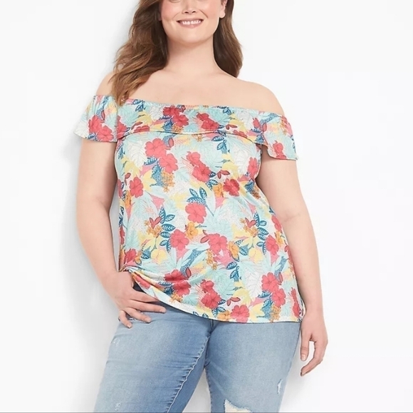 NWT LANE BRYANT FLORAL OFF THE SHOULDER RUFFLE TOP - Picture 3 of 4